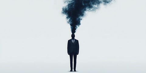 A silhouette of a man in a suit stands still with black smoke billowing from his head, symbolizing confusion or overwhelming thoughts in a minimalist setting.