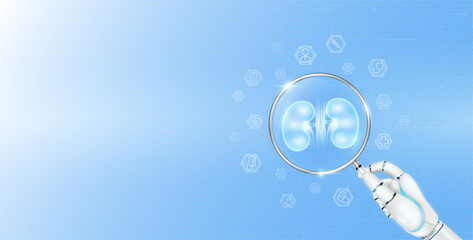 Doctor robot hand holding magnifying glass kidney analysis. Human organ surrounded by medical icon. Healthcare technology concept. Medical science banner with empty space for text. Vector EPS10.