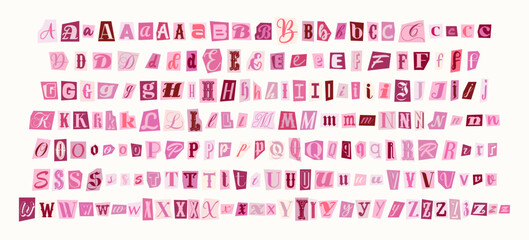 Set of pink anonymous font. Magazine cutout alphabet. Cuts from newspaper. Letters on pieces of paper in different colors. Anonymous letters cut from magazines. For anonymous message