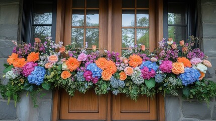 Fototapeta premium Vibrant Floral Arrangement Adorning a Rustic Doorway