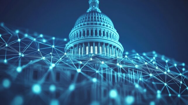 U.S. Capitol Building Connected in Network of Information Symbolizing Politics and Technology.