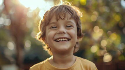 A young boy smiles happily at the camera.