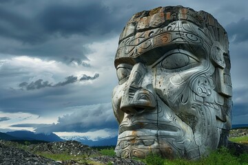Weathered stone head sculpture with intricate carvings stands as a testament to ancient artistry