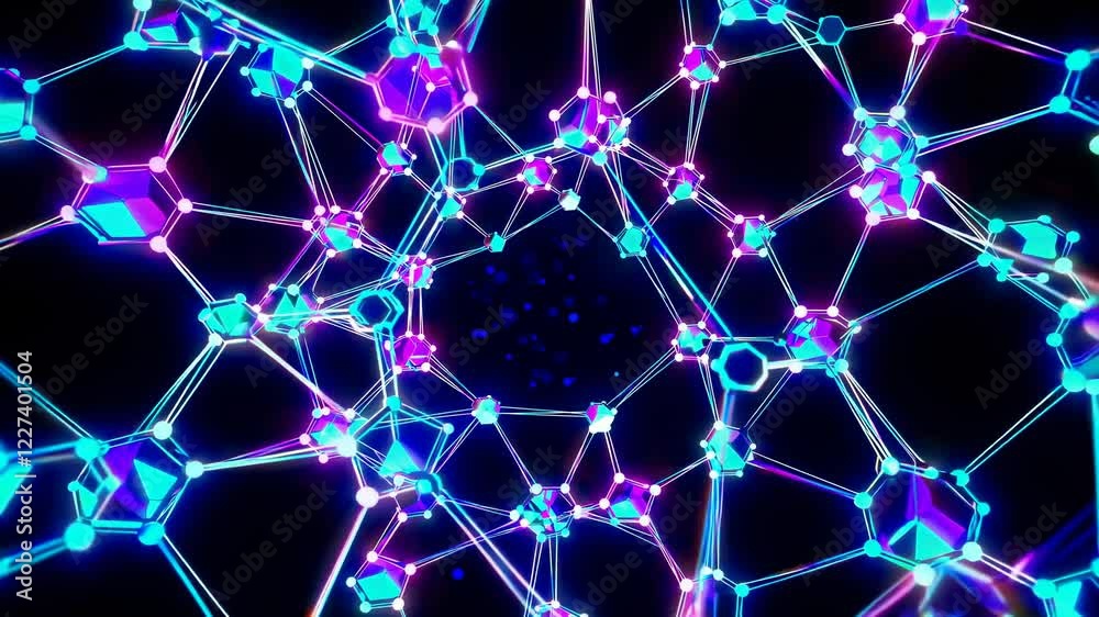 Poster glowing lines and dots are forming a complex structure, creating a futuristic plexus abstract techno