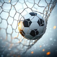 Hyper-realistic soccer ball hitting the net with dramatic backlighting and blurred background