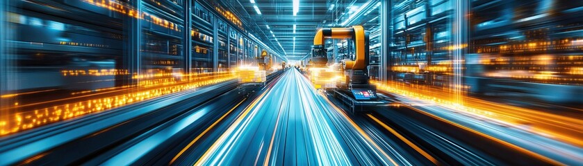 A dynamic, high-speed view of a train moving through an illuminated railway, showcasing a blend of technology and motion.