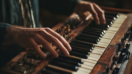 A Musician's Hands Gracefully Playing an Antique Keyboard Instrument