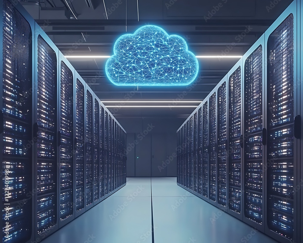 Aufkleber A stunning futuristic cloud computing hub with dynamic streams and advanced technology visuals.