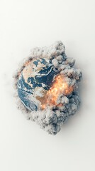 A dramatic depiction of Earth surrounded by clouds and erupting flames, symbolizing destruction and environmental crisis.