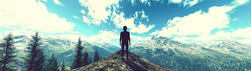 Naklejka premium Person mountaintop view, scenic alpine landscape, summer sky, travel poster