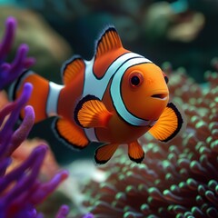 Fototapeta premium A vibrant close-up of Nemo, the clownfish, darting through the colorful coral reef. The reef is alive with bright, tropical corals