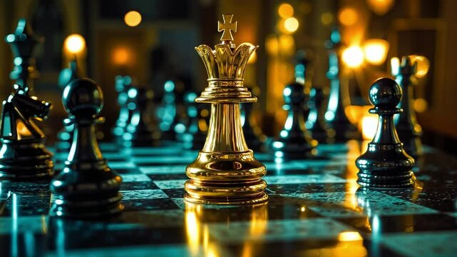 A chess board with a gold king on top of it