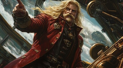 Bold Steampunk Commander Directing Action Aboard a Mechanical Vessel in Cloudy Sky