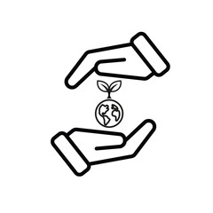 sustainable icon. earth and plant vector in hand. reuse, recycle, net zero, green energy, eco-friendly concept. Line design style