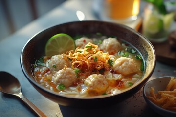 Delicious meatball soup, lime, noodles, lunch, sunlit table