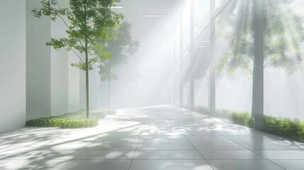 Serene indoor garden with sunlight streaming through large windows, creating a tranquil atmosphere