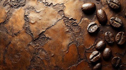 Roasted coffee beans on a rustic textured surface evoking warmth and richness with their dark brown tones and rough uneven background