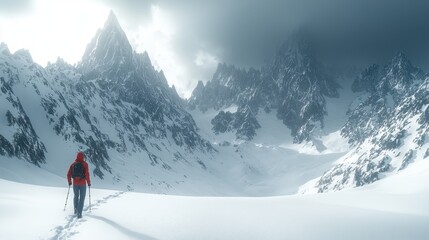 Trailblazer trekking through snow-covered mountains symbolizing focus