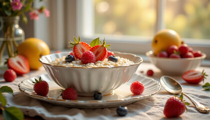 Creamy amaranth porridge with berries and fruit slices in porcelain bowl
