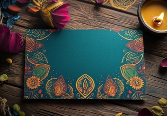 A blue card with a flowery border sits on a wooden table