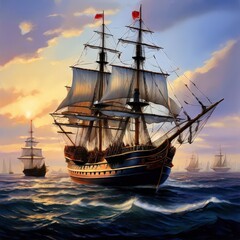 Obraz premium the AI Image Generator, Majestic Sailing Ship at Sunset