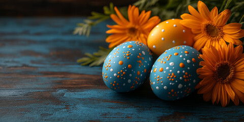 Obraz premium Hand-painted blue and gold Easter eggs with yellow flowers