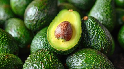 Fresh green avocados arranged with one halved exposing the seed