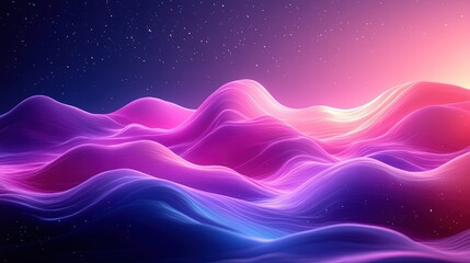 Glowing neon waves under starry night sky