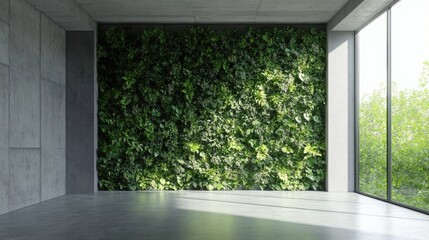 Fototapeta premium Serene Empty Room with Green Living Wall and Concrete Elements Enhancing Natural Light in Contemporary Interior Design Space