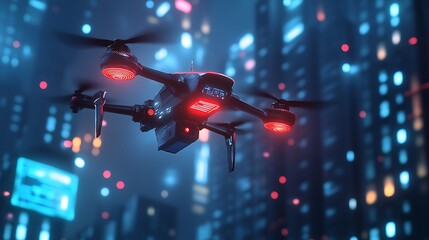 A futuristic AI-powered surveillance drone hovering in the air, showcasing advanced technology and design.