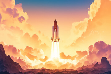 A sleek rocket silhouette rises softly against a pale sky during early morning. The gentle pastel hues create a serene atmosphere, capturing the quiet beauty of flight
