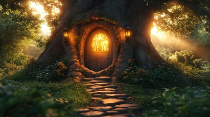 Obraz premium Enchanting Tree Door with Glowing Entrance and Pathway Surrounded by Lush Greenery and Sunlight in a Mystical Forest Setting