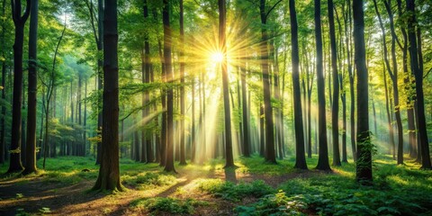 Dense forest with sunlight filtering through trees creating a natural bokeh effect, forest, outdoor