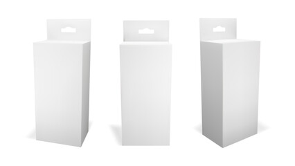 3d white hang box mockup. Blank rectangle carton product pack with hanger. Cream container with tab set of three. Realistic vertical pharmacy packaging front and side view. Empty paper dummy slot.