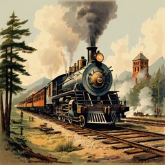 Obraz premium the AI Image Generator, Vintage Steam Train Traveling Through