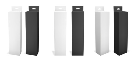 3d black and white hang tab box mockup. Thin rectangle carton product package for toothpaste or gift slot. Empty front and side view template set for long cardboard container with hanger in vector.