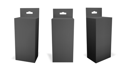 3d black hang box isolated vector. Vertical carton pack for medicine or cosmetic product. Rectangular hanger tab container with shadow for pharmacy. Front and side view for realistic packaging slot.