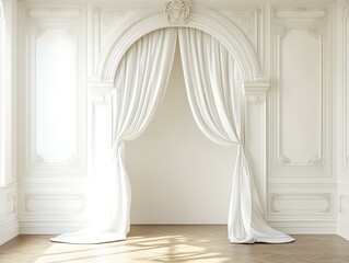 Elegant White Curtains Frame an Archway in a Serene Light Filled Classic Interior Setting