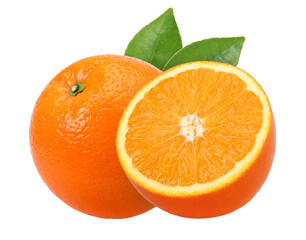 Orange fruit with leaves and half isolated, Orange fruit macro studio photo, transparent PNG, PNG format, cut out