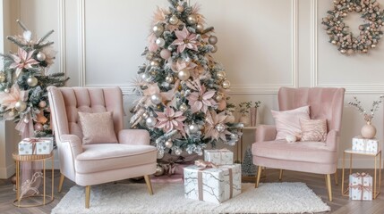 Cozy pink-themed holiday living room with decorated Christmas tree and stylish furniture