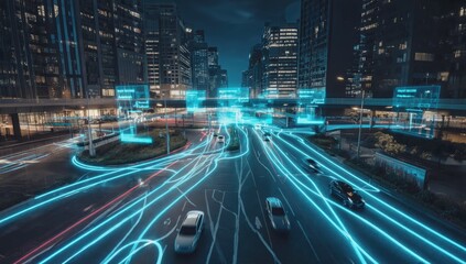 Obraz premium Autonomous self driving cars moving on a futuristic glowing road through a smart city at night with an augmented reality digital dashboard showing data and statistics
