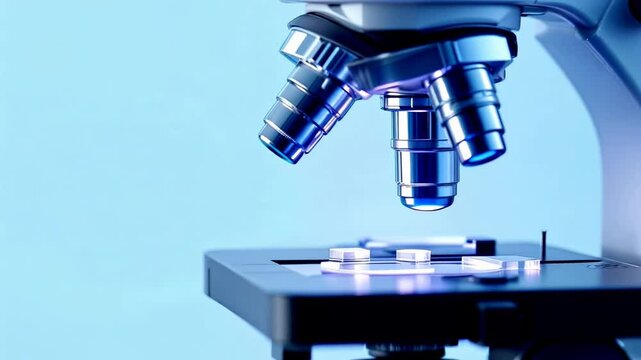 Professional laboratory microscope in blue tones. Scientific research equipment close-up view. Medical diagnostic tool for cellular analysis and biological studies