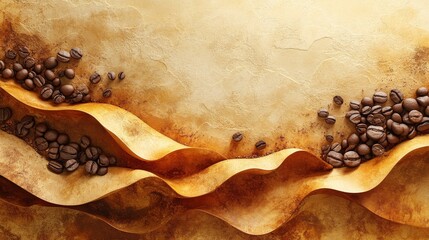 Abstract coffee bean art with textured golden waves and rustic background for a warm, inviting and sophisticated feeling
