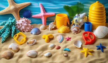 Vibrant Beach Scene Colorful Toys and Snorkeling Gear Summer Fun Family Vacation