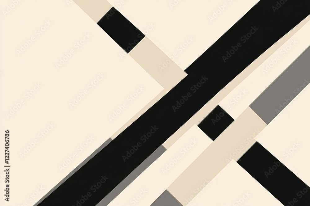 Poster Geometric abstract artwork with alternating lines and shapes in neutral tones and bold contrasts. Generative AI