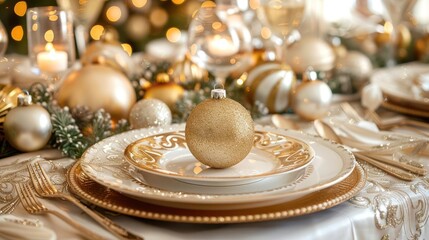 Naklejka premium Elegant holiday table setting with golden ornaments, fine china, and festive decorations, creating a warm atmosphere