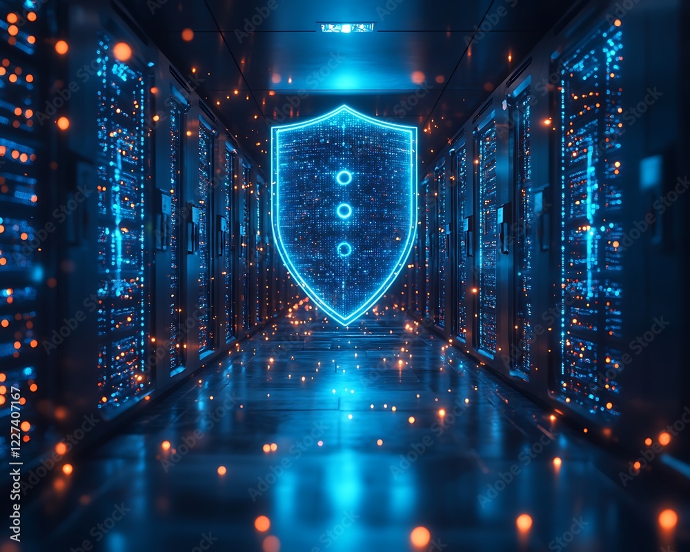 Poster a digital encryption shield featuring a shimmering blue design, ideal for technology and security th