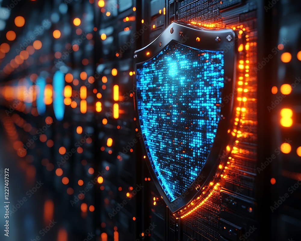 Poster a digital encryption shield design featuring shimmering blue tones, ideal for cybersecurity visuals.