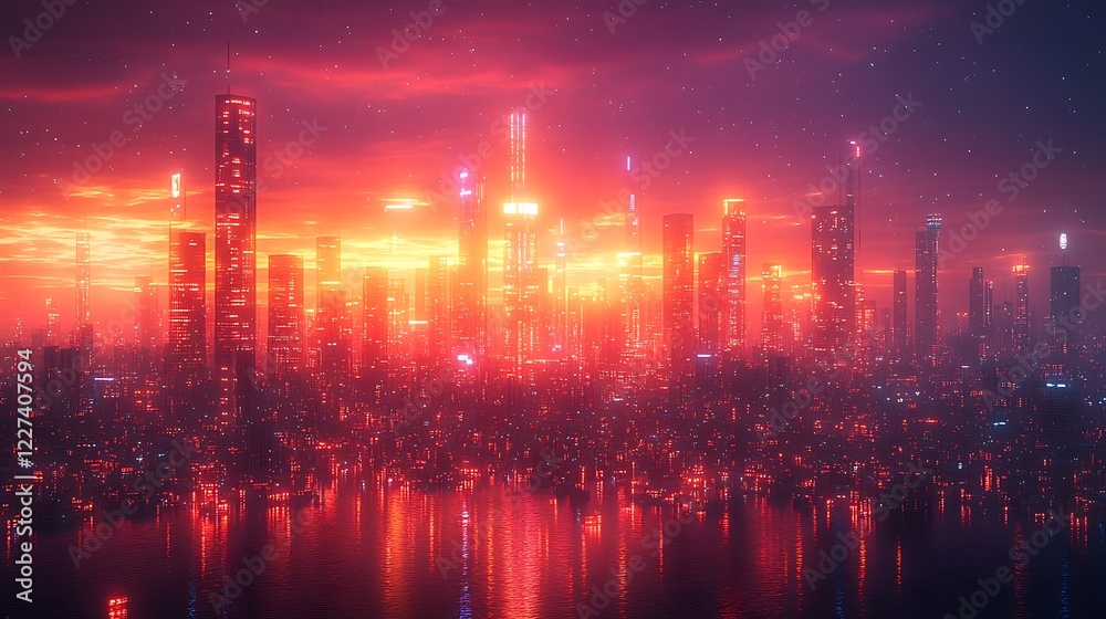 Poster a high-tech digital cityscape showcasing modern architecture and advanced technology.