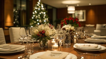 Elegant holiday dining setup with festive decorations, candlelight ambiance, and a Christmas tree